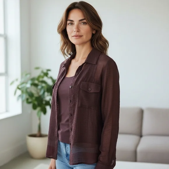 Elementz 2 pc Semi-Sheer Brown Textured Roll-tab Blouse Laced Cami Women's XL - Picture 4 of 16